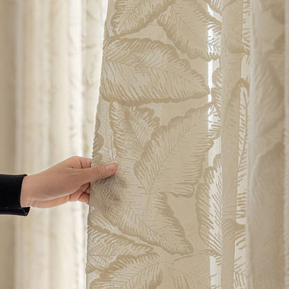 One Panel Embossed Palm Leaves Curtains, Cream Color Sheer Curtain for Living Room Bedroom Balcony