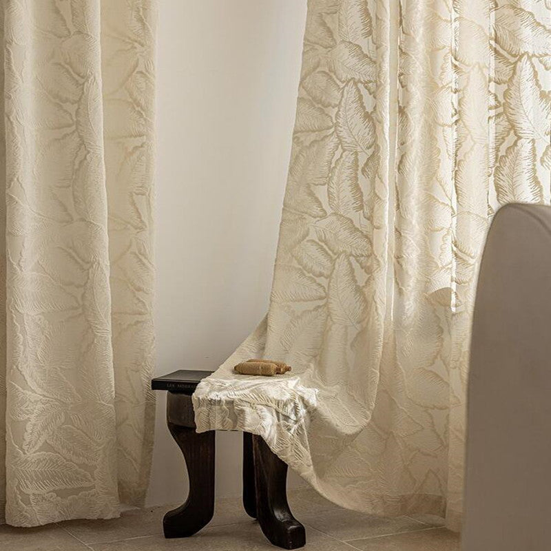 One Panel Embossed Palm Leaves Curtains, Cream Color Sheer Curtain for Living Room Bedroom Balcony