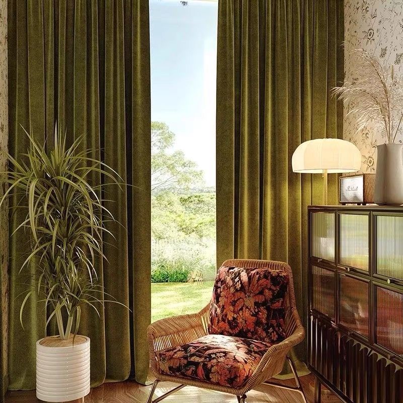 One Panel Retro Blackout Curtains, Oliver Green Curtain for Living Room Bedroom Home Curtains