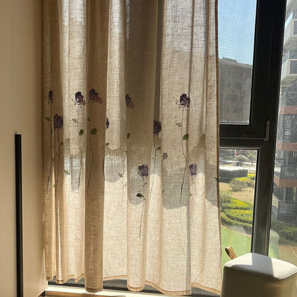 One Panel Violet Roses Flowers Embroidery Curtains, Sheer Curtain, Natural Linen Curtains for Living Room Bedroom Balcony