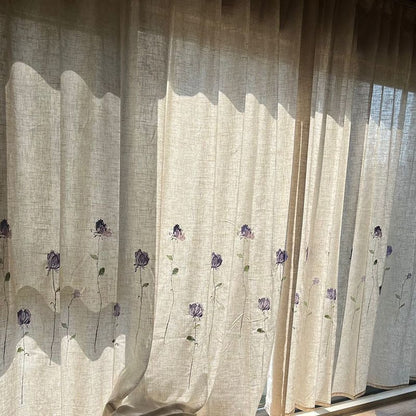 One Panel Violet Roses Flowers Embroidery Curtains, Sheer Curtain, Natural Linen Curtains for Living Room Bedroom Balcony