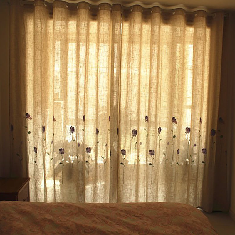 One Panel Violet Roses Flowers Embroidery Curtains, Sheer Curtain, Natural Linen Curtains for Living Room Bedroom Balcony