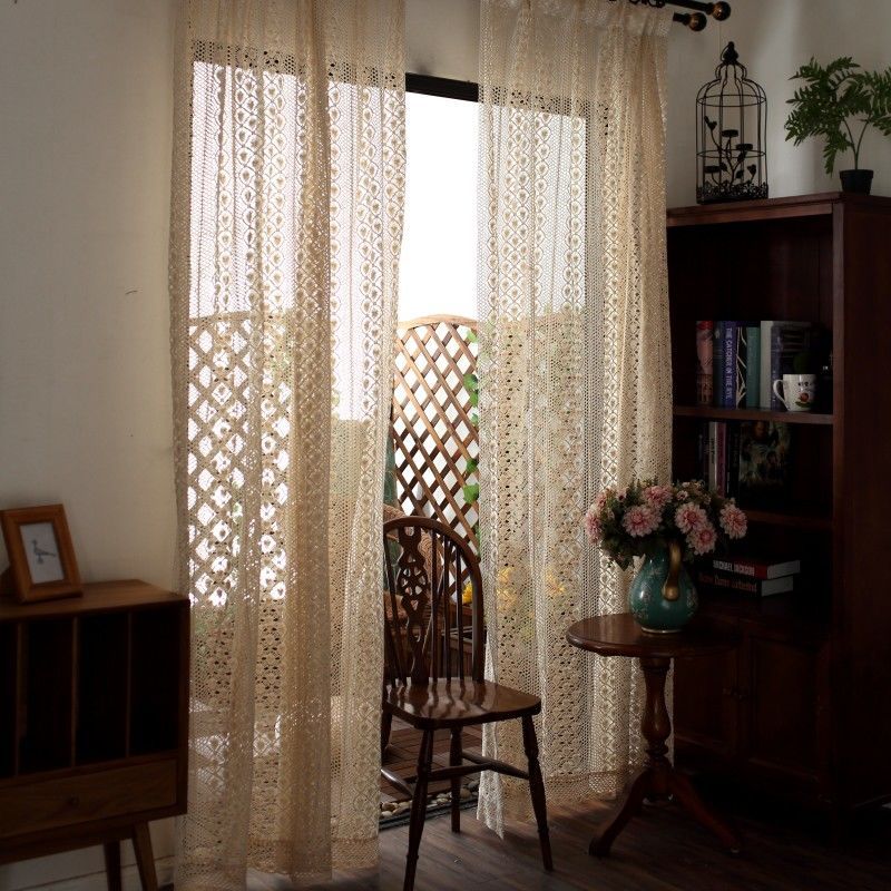 One Panel American Rustic Lace Sheer Curtains, Hollow Out Sheer Curtain for Living Room Bedroom Balcony