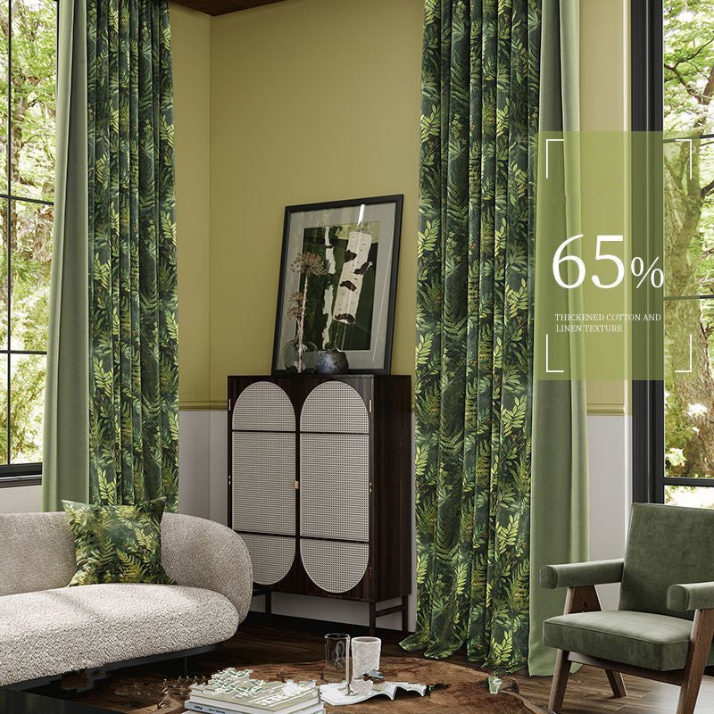 One Panel Retro Tropical Leaves Print Curtains, Emerald Green Leaves Curtain for Living Room Bedroom Balcony