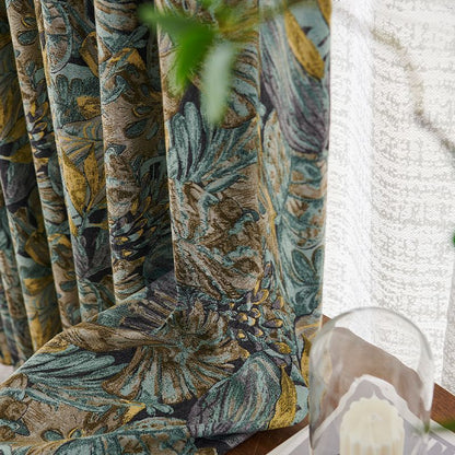 One Panel Retro Tropical Leaves Blackout Curtains, Jacquard Weave Leaves Curtain for Living Room Bedroom Balcony