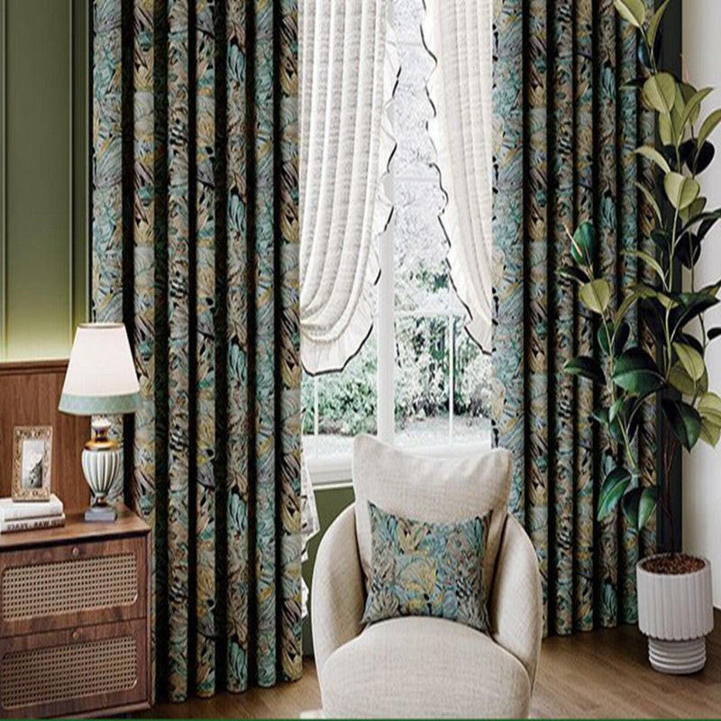 One Panel Retro Tropical Leaves Blackout Curtains, Jacquard Weave Leaves Curtain for Living Room Bedroom Balcony