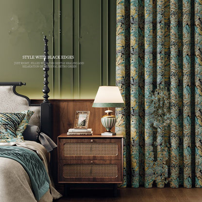 One Panel Retro Tropical Leaves Blackout Curtains, Jacquard Weave Leaves Curtain for Living Room Bedroom Balcony