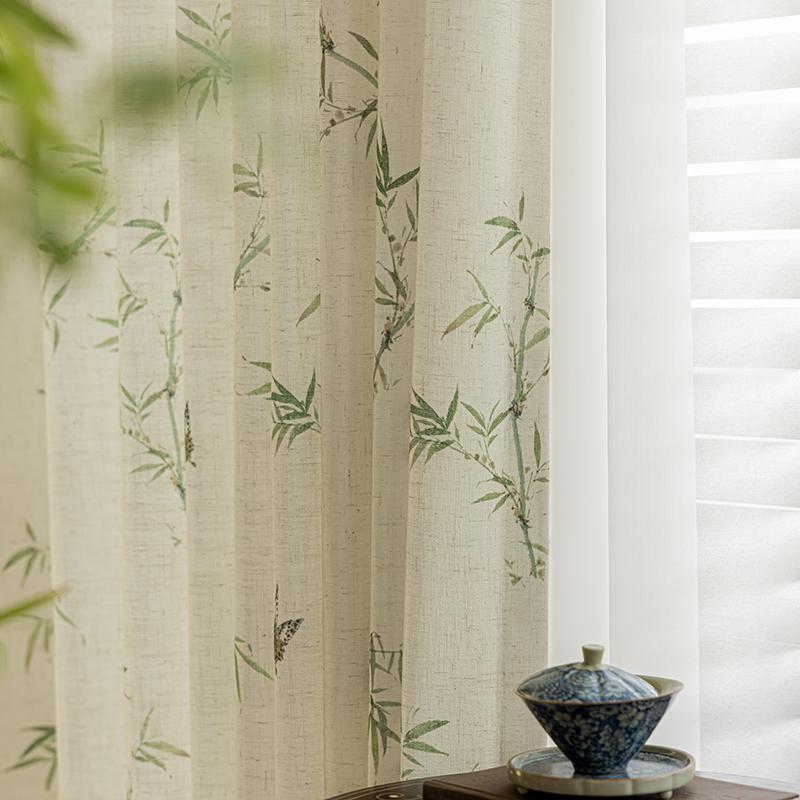 One Panel Linen Curtains Sheer Curtains, Bamboo Print Curtain for Living Room Bedroom Balcony