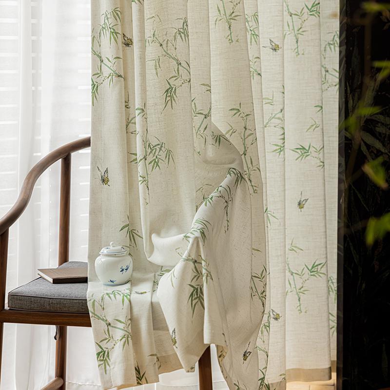 One Panel Linen Curtains Sheer Curtains, Bamboo Print Curtain for Living Room Bedroom Balcony