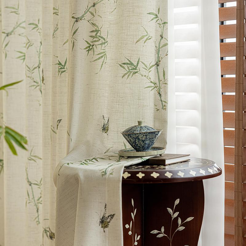 One Panel Linen Curtains Sheer Curtains, Bamboo Print Curtain for Living Room Bedroom Balcony