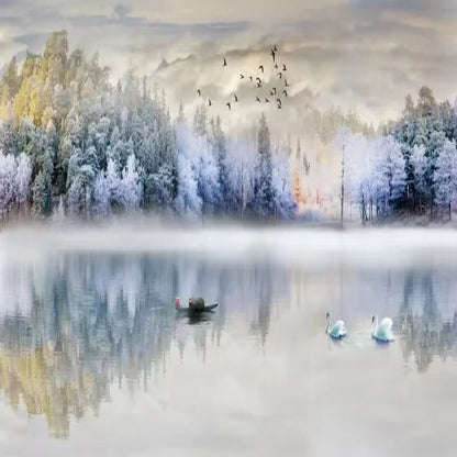 Winter Ink Landscape Mountains Forest Lake with Birds Natue Wallpaper Wall Mural Home Decor