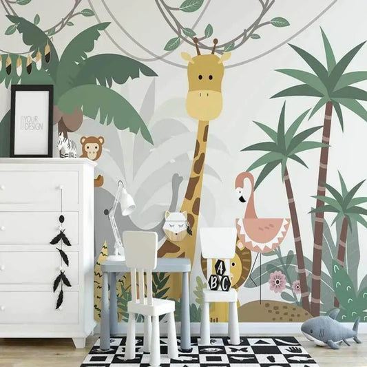 Cartoon Forest Animal Giraffe Flamingo Kids' Room Nursery Wallpaper Wall Mural