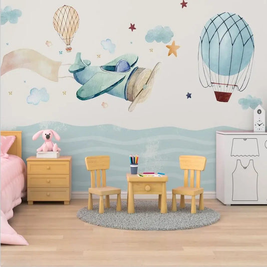 Cartoon Plane Cloud Sea Hot Air Balloon Nursery Wallpaper Wall Mural Home Decor