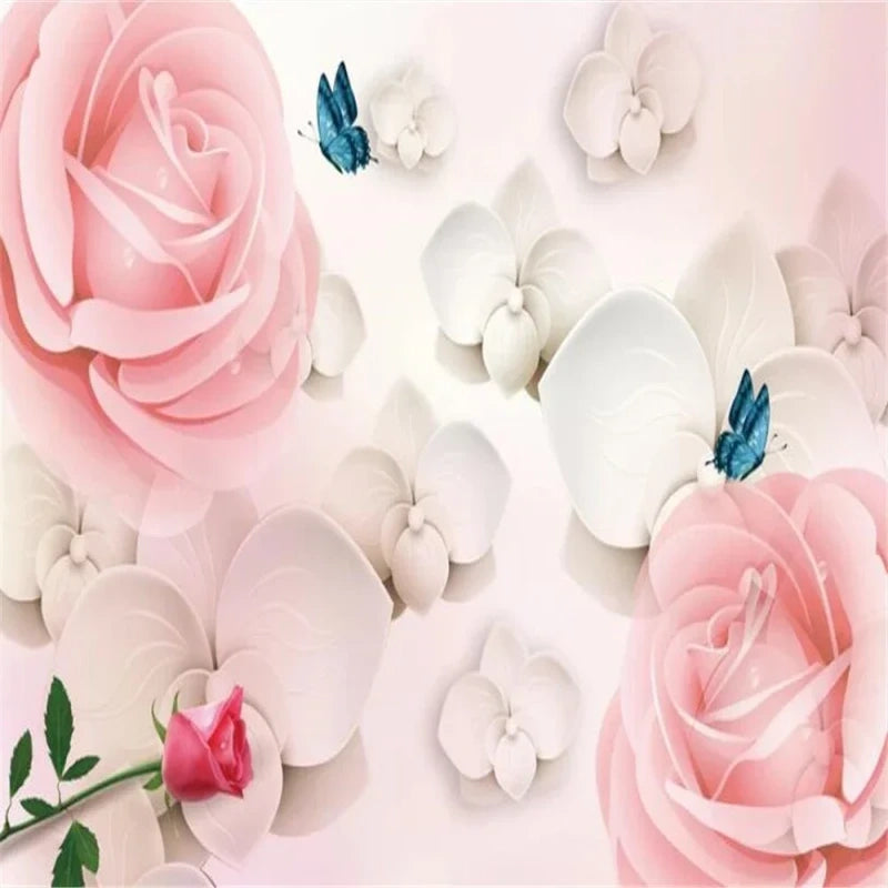 3D Pink Flowers Rose with Butterfly Wallpaper Wall Mural Home Decor