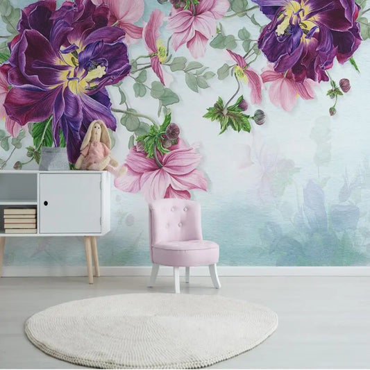 Nordic Pink Plant Leaves Purple Flowers Wallpaper Wall Mural Home Decor