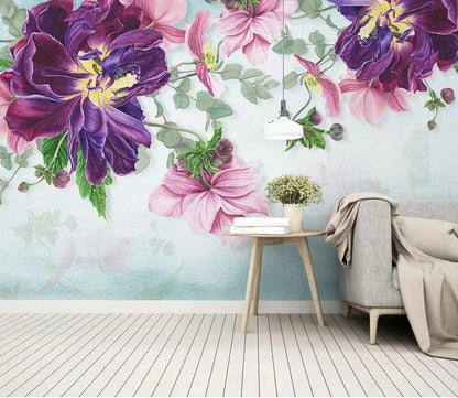 Nordic Pink Plant Leaves Purple Flowers Wallpaper Wall Mural Home Decor