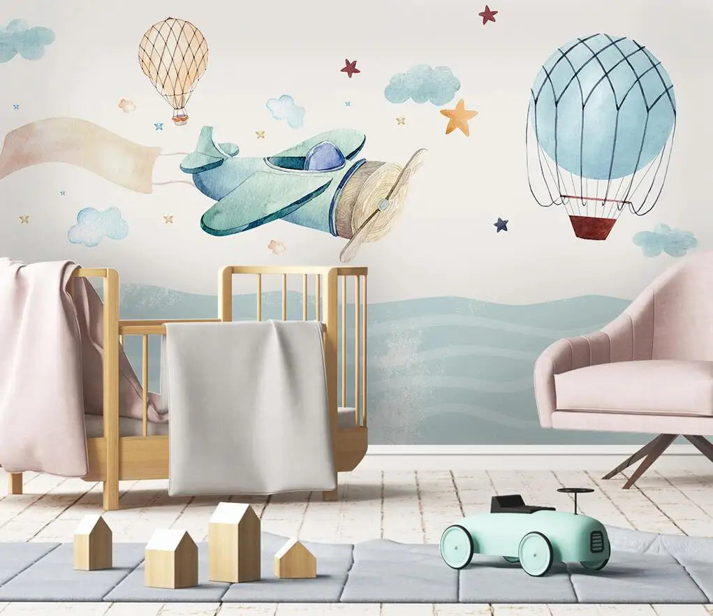 Cartoon Plane Cloud Sea Hot Air Balloon Nursery Wallpaper Wall Mural Home Decor