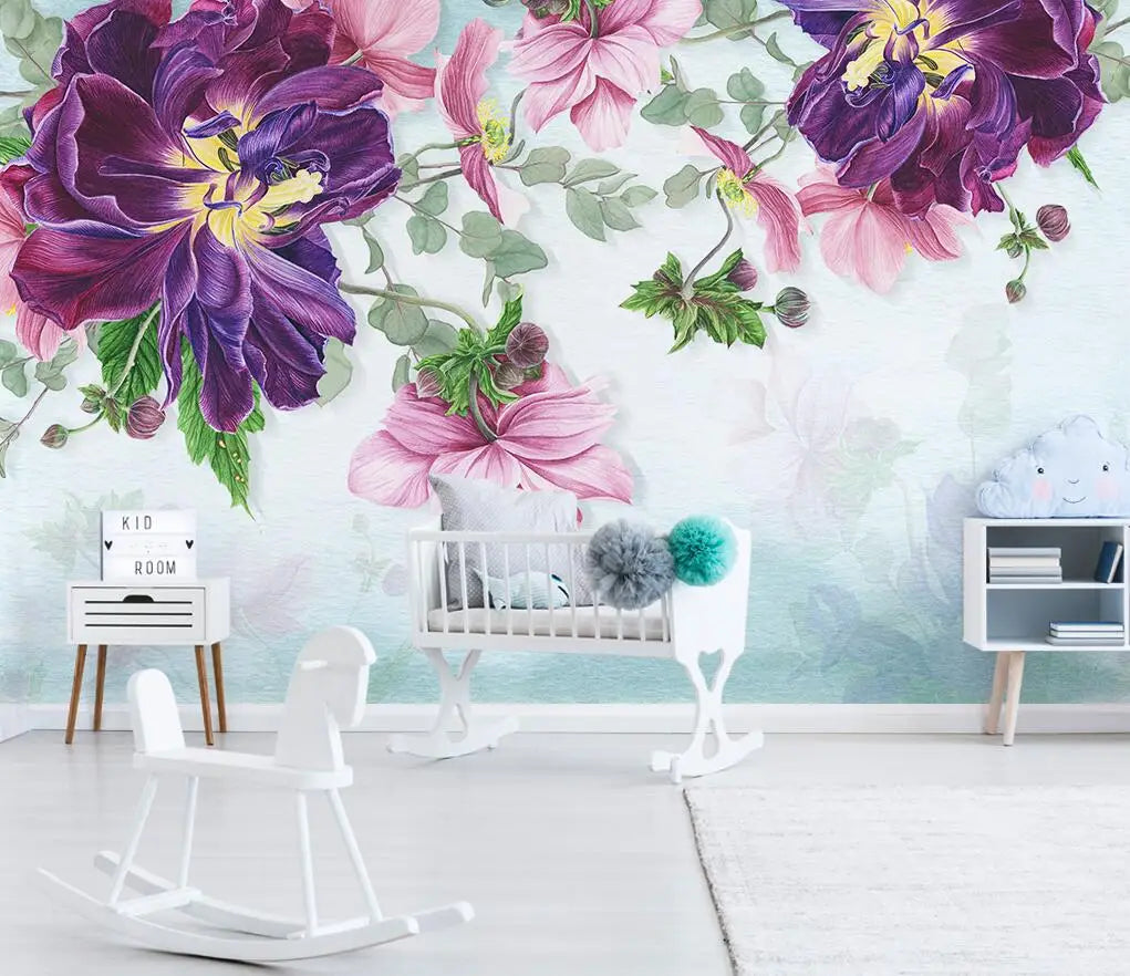 Nordic Pink Plant Leaves Purple Flowers Wallpaper Wall Mural Home Decor