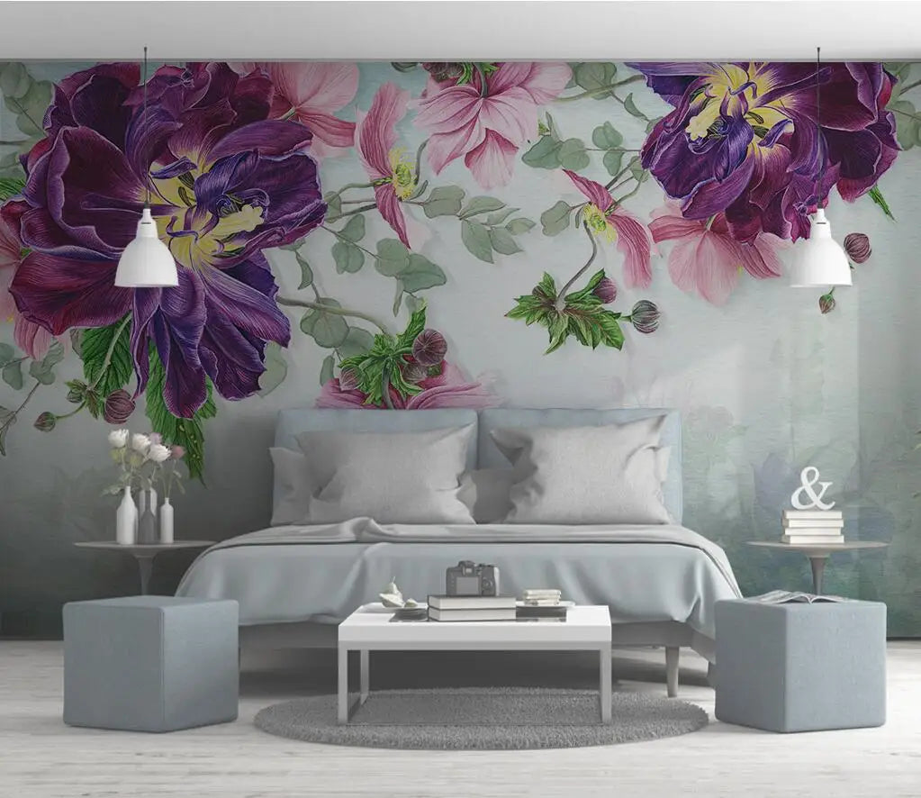 Nordic Pink Plant Leaves Purple Flowers Wallpaper Wall Mural Home Decor