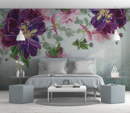 Nordic Pink Plant Leaves Purple Flowers Wallpaper Wall Mural Home Decor