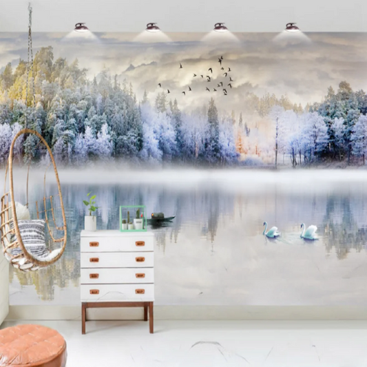 Winter Ink Landscape Mountains Forest Lake with Birds Natue Wallpaper Wall Mural Home Decor
