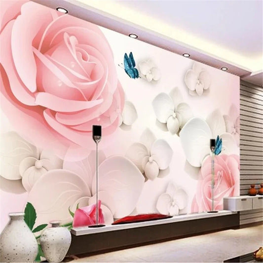3D Pink Flowers Rose with Butterfly Wallpaper Wall Mural Home Decor