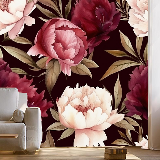 Retro Vintage Dark Color Peonies Flowers Floral Wallpaper Wall Mural