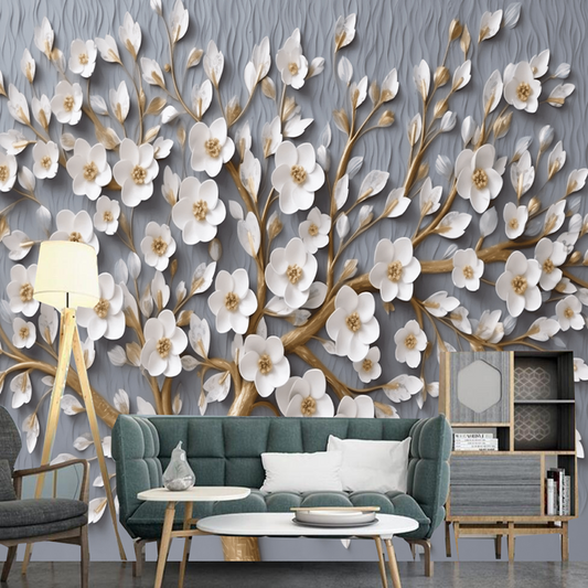 3D Floral Tree Wallpaper Featuring White Flower Leaves and Golden Stems Interior Wall Mural