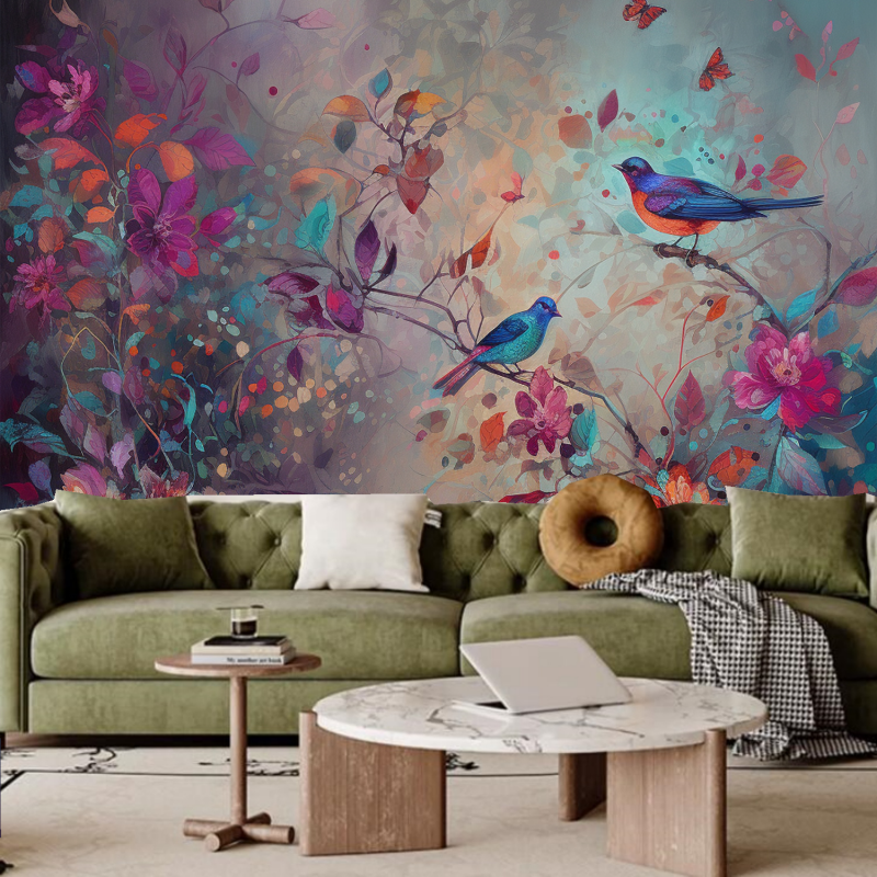 Chinoiserie Purple Vivid Birds and Flowers Floral Wallpaper Wall Mural Home Decor