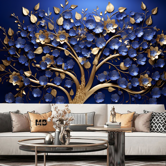 3D Hanging Blue Flowers Tree Wallpaper Wall Mural Home Decor