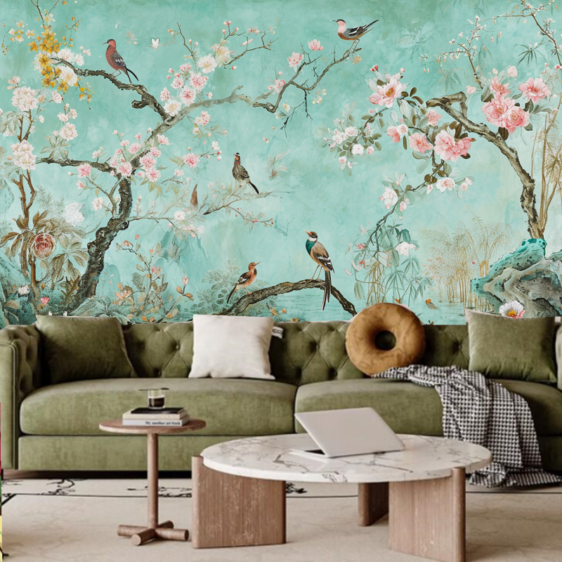 Chinoiserie Flowers Tree Branches with Birds Wallpaper Wall Mural Wall Decor