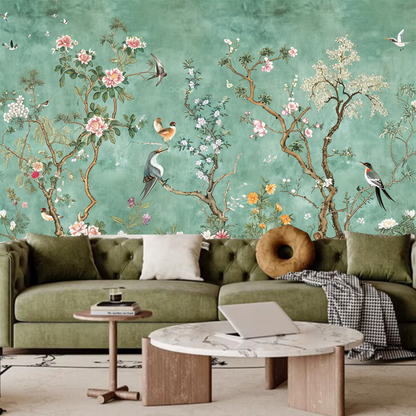 Chinoiserie Tree Flowers with Many Birds Wallpaper Wall Mural Home Decor