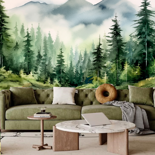 Watercolor Green Pine Tree Forest with Mountains Kids' Babies' Children's Nursery Wallpaper Wall Mural Wall Decor