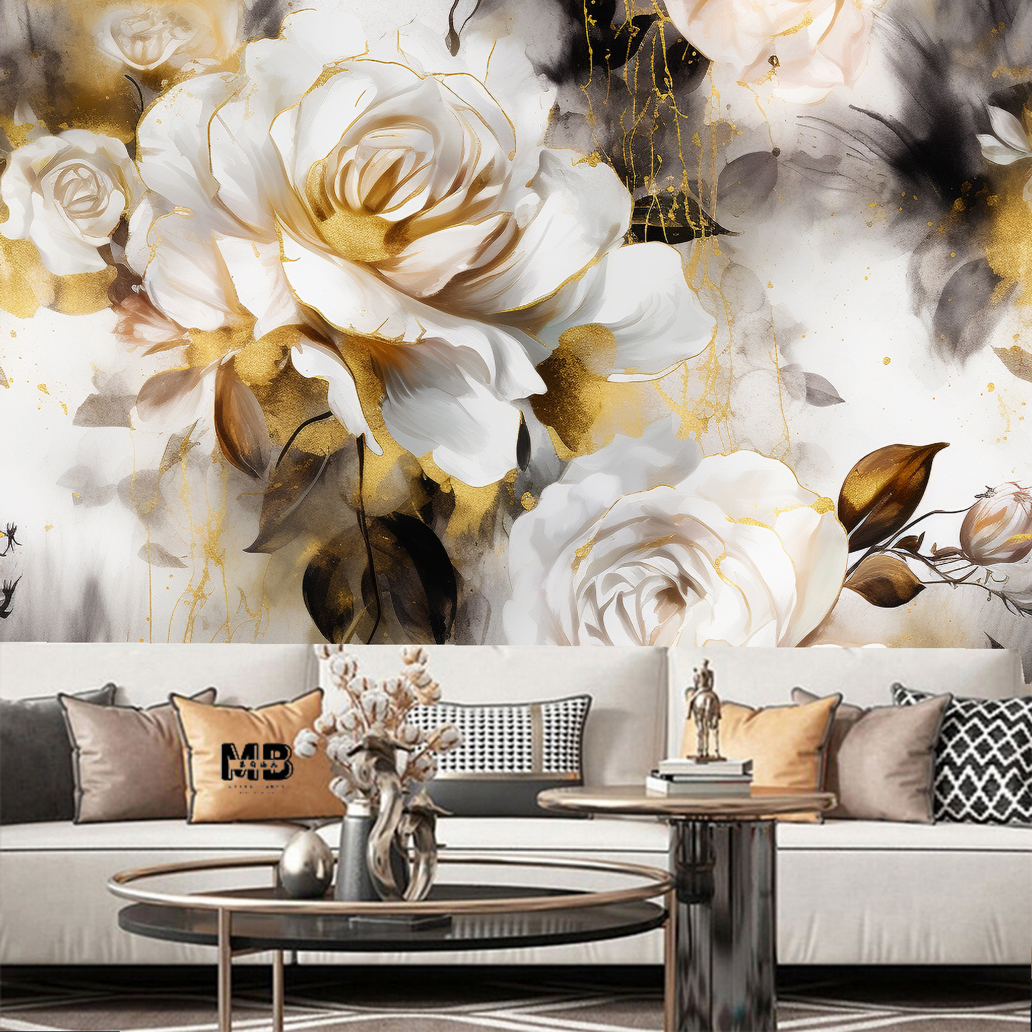 White and Golden Flowers Floral Wallpaper Wall Mural Home Decor