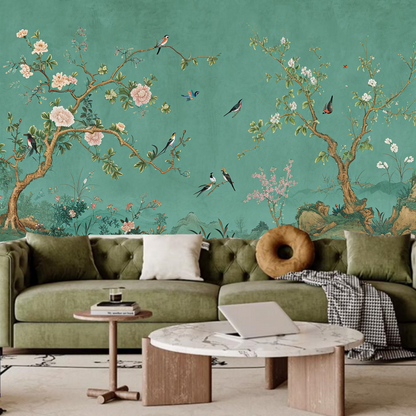 Chinoiserie Tree Flowers with Many Birds Wallpaper Wall Mural Home Decor