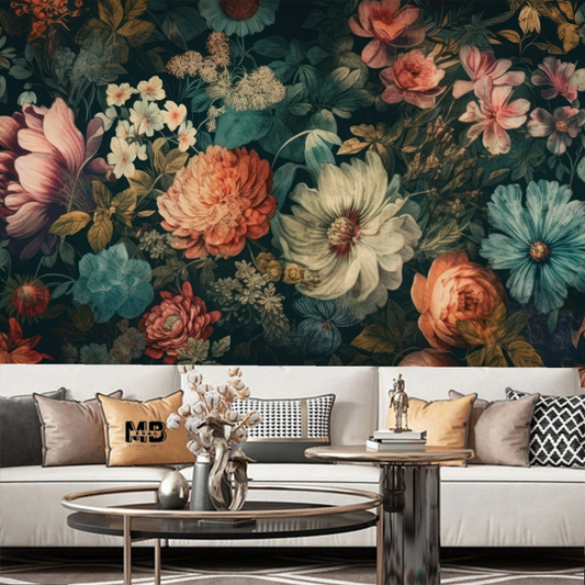 Dark Brown Background Colorful Flowers Floral Wallpaper Wall Mural Home Decor