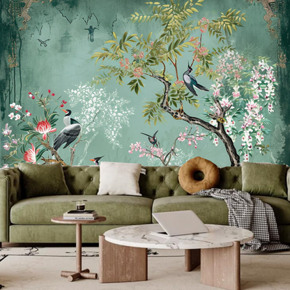 Chinoiserie Tree Flowers with Many Birds Wallpaper Wall Mural Home Decor