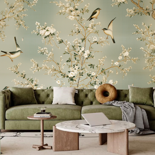 Chinoiserie Magnolia Trees with Flying Birds Wallpaper Wall Mural Wall Decor
