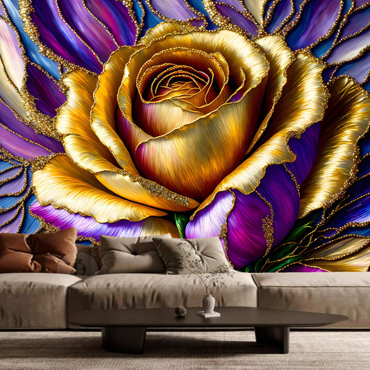 3D Golden and Purple Rose Flower Floral Wallpaper Wall Mural Home Decor