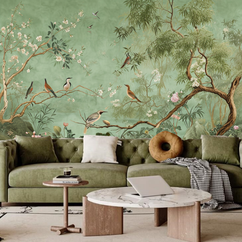 Chinoiserie Mint Green Background Tree Flowers with Many Birds Wallpaper Wall Mural Home Decor