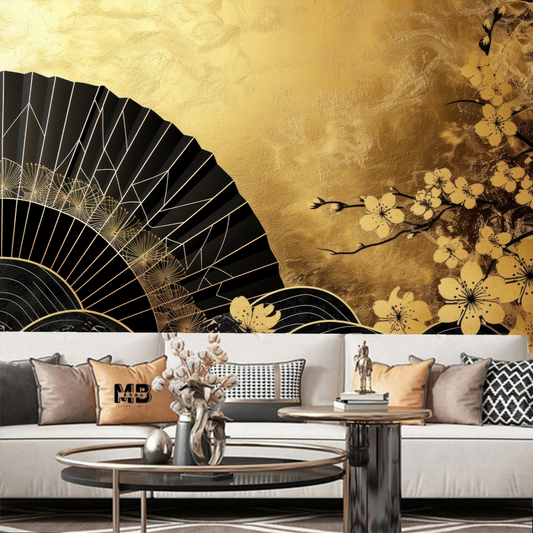 Golden Background Chinese Style Fan and Flowers Wallpaper Wall Mural Home Decor