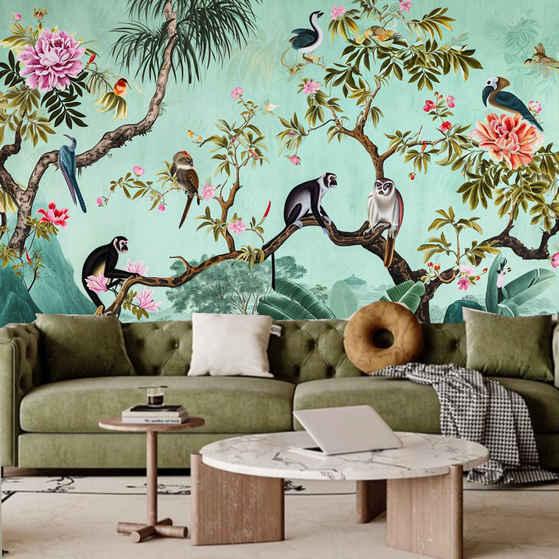 Cartoon Animals Monkeys and Birds with Flower Trees Kids' Babies' Children's Nursery Wallpaper Wall Mural Wall Decor