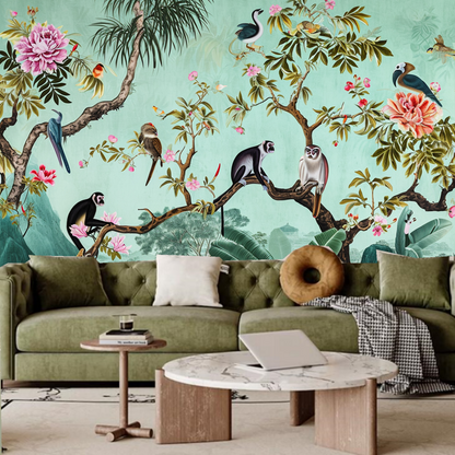 Cartoon Animals Monkeys and Birds with Flower Trees Kids' Babies' Children's Nursery Wallpaper Wall Mural Wall Decor