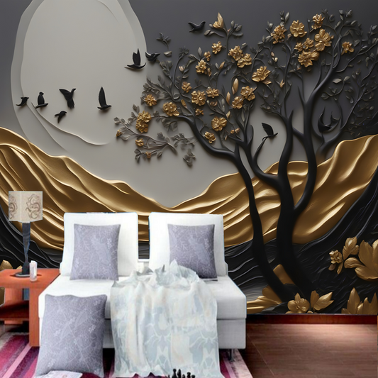 3D Black and Golden Tree with Flying Birds Wallpaper Wall Mural Home Decor
