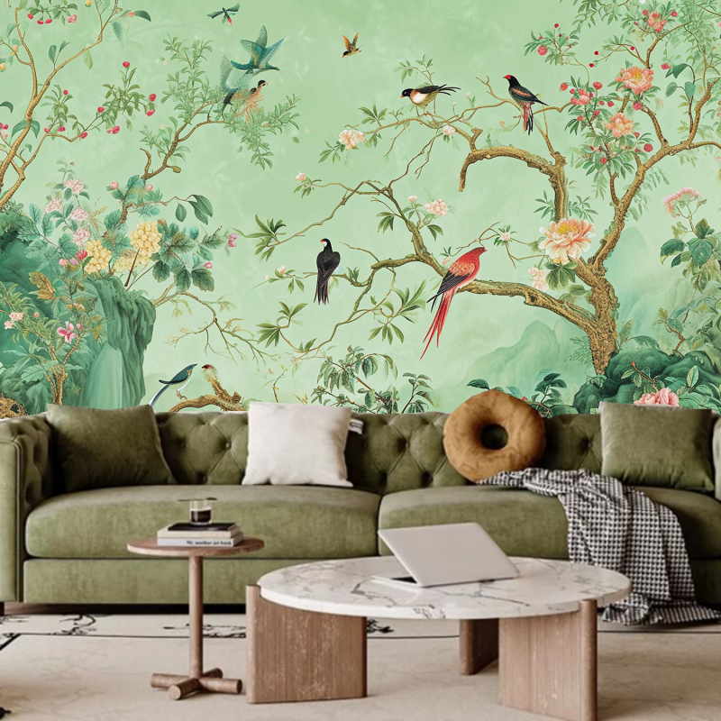 Chinoiserie Mint Green Background Tree Flowers with Many Birds Wallpaper Wall Mural Home Decor