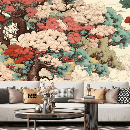 Chinese Style Pine Tree and Clouds Nature Wallpaper Wall Mural Home Decor