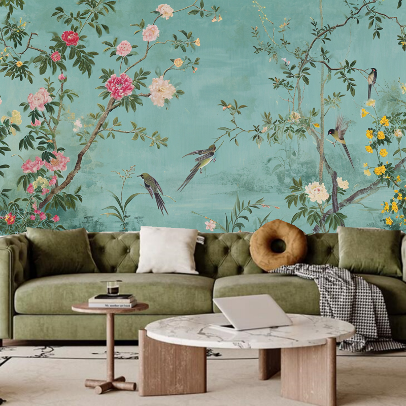 Chinoiserie Sky Blue Background Tree Flowers with Many Birds Wallpaper Wall Mural Home Decor