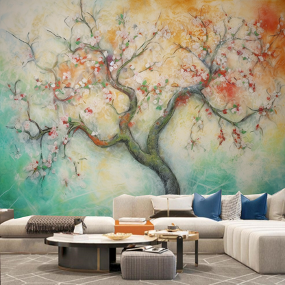Abstract One Large Tree with Flowers Wallpaper Wall Mural Wall Decor