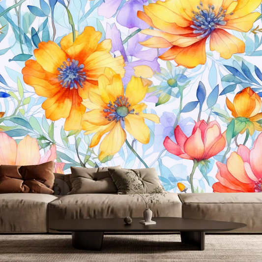 Watercolor Yellow Flowers Floral Wallpaper Wall Mural Home Decor