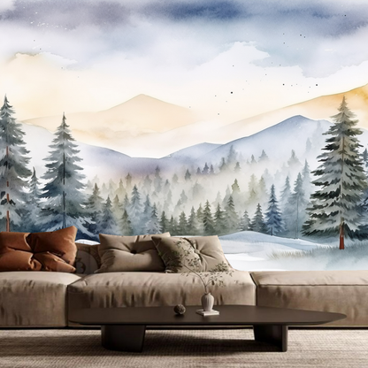 Watercolor Snowy Landscape Mountains and Tree Wallpaper Wall Mural Home Decor